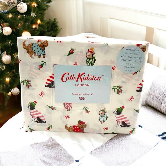 Cath Kidston London 4pc Queen Puppy Love Christmas Sheet Set Cotton- NEW - Picture 1 of 9